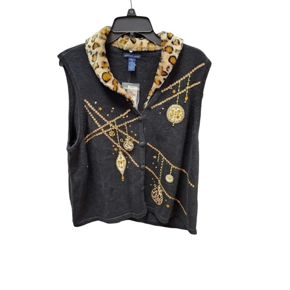 Westbound Petites PXL Black Beaded Christmas Ornament Sweater Vest Fur Collar